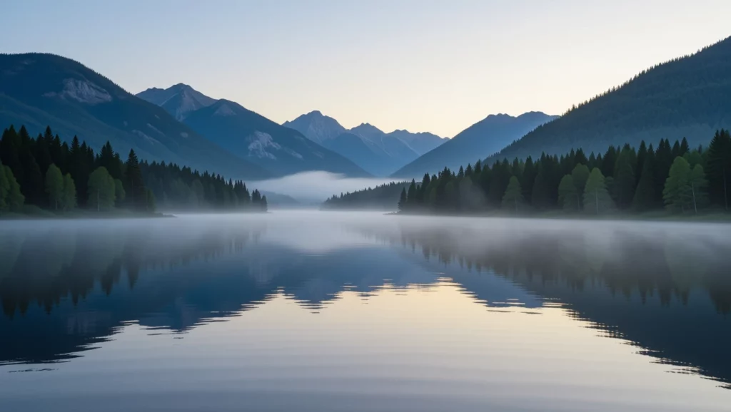 Egy nyugodt tó, amelynek tükröződése a hegyek és fák sziluettjét mutatja, a csend és béke érzését sugallja.