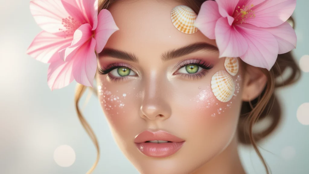 A virágokkal és kagylókkal díszített női arc a tavaszi megújulás szimbóluma, ami álmainkban a szépség és a harmónia keresését tükrözi.