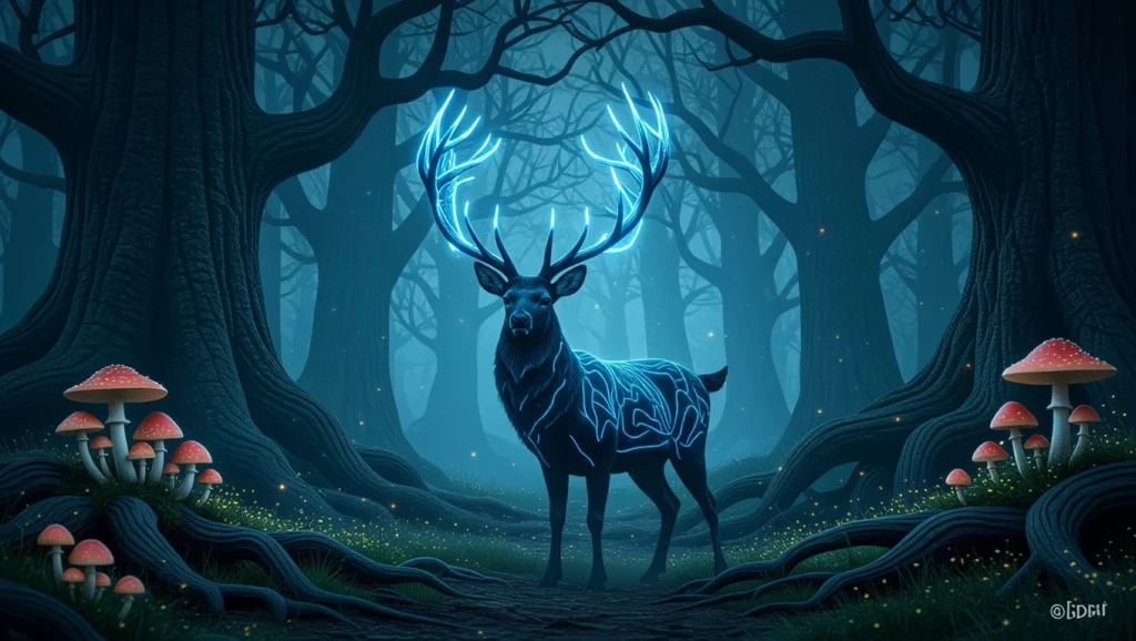 Egy mágikus csodaszarvas áll egy sötét, misztikus erdőben, fénylő agancsával és varázslatos környezettel.