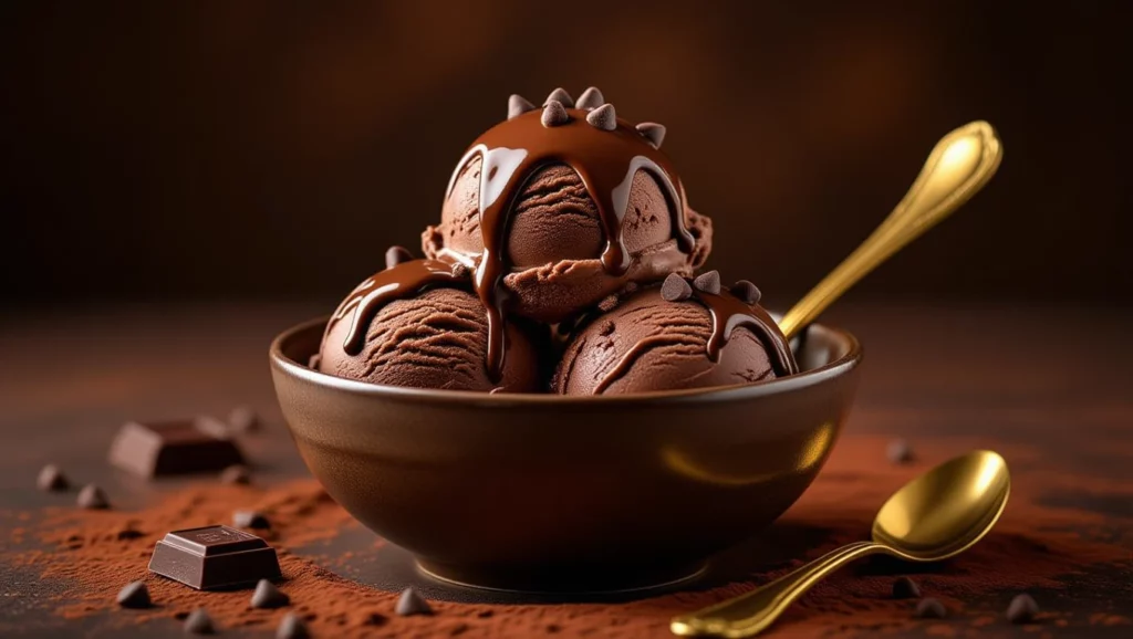 Egy tál csokifagylalt, csokoládéforgáccsal és aranykanállal, édességvágy kifejezéseként.