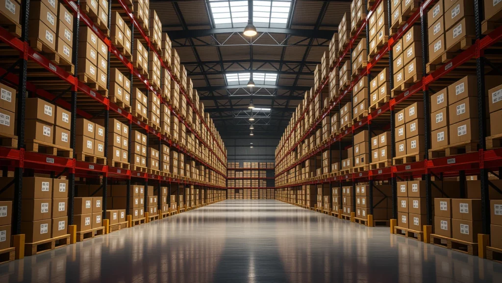 Egy tágas csomagraktár, tele dobozokkal, világos mennyezeti világítással.
