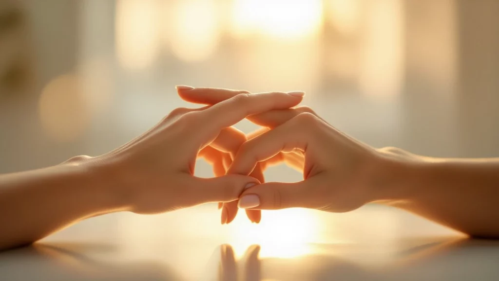 Két kéz finoman érintkezik, szimbolizálva a rugalmasságot és az alkalmazkodást.