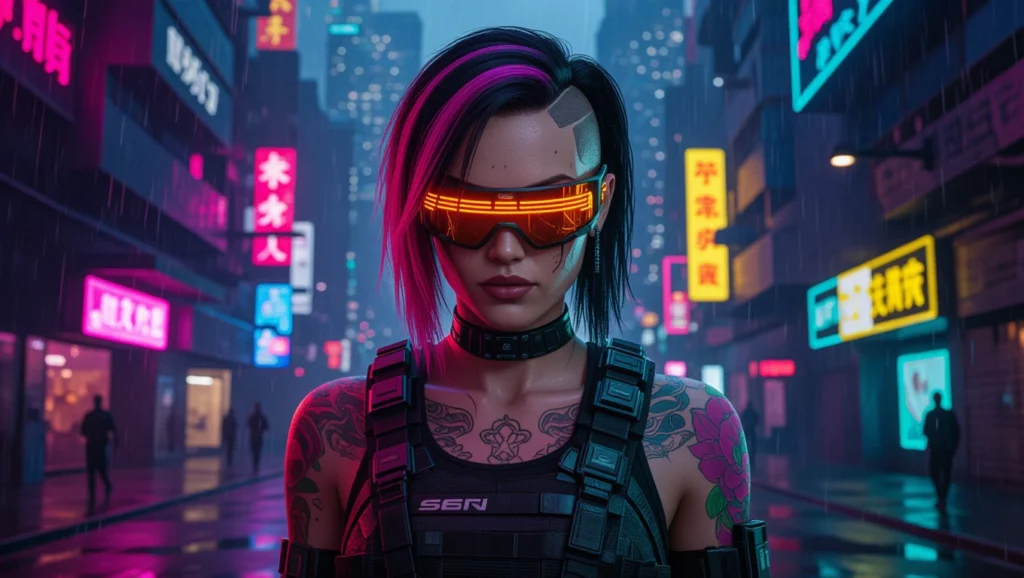 A cyberpunk világban egy erős női figura, aki a jövő kihívásait szimbolizálja, bátorságot és önállóságot sugall.