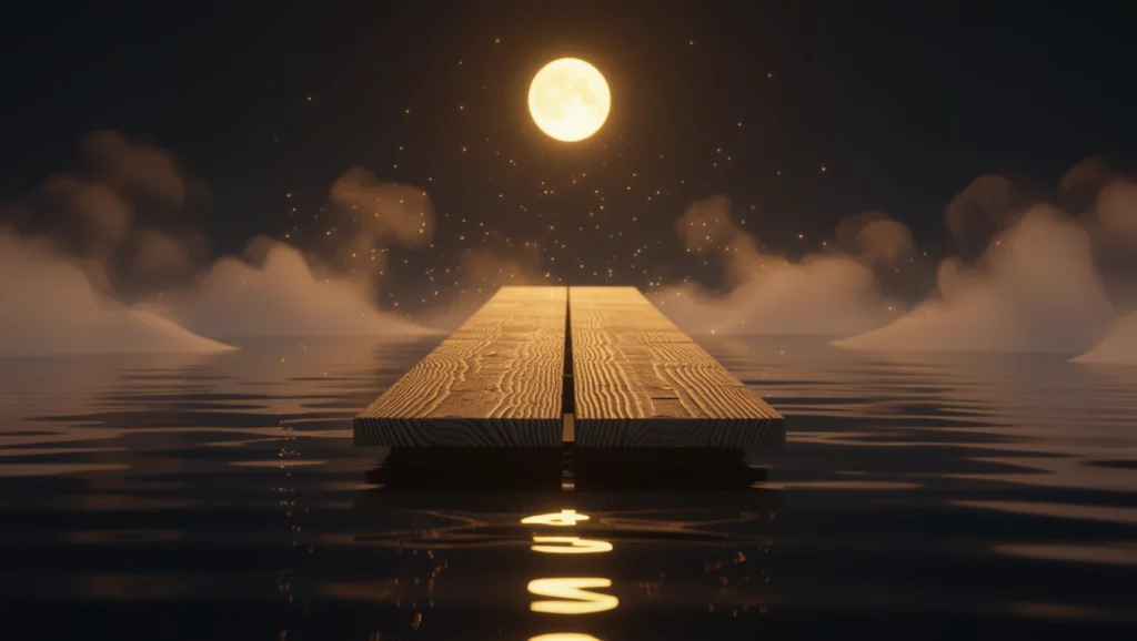 Egy deszka a vízen, a háttérben teliholddal és fénnyel teli égbolttal, szimbolizálva az álmok és a valóság közötti kapcsolatot.