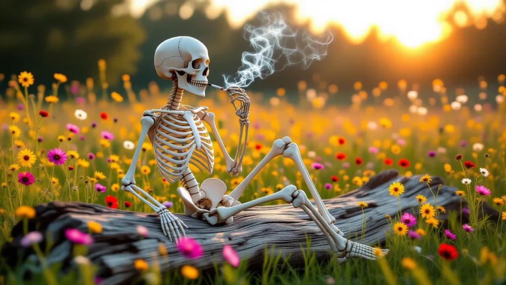 Egy csontváz ül egy fán, miközben füstöl, virágok között ülve.