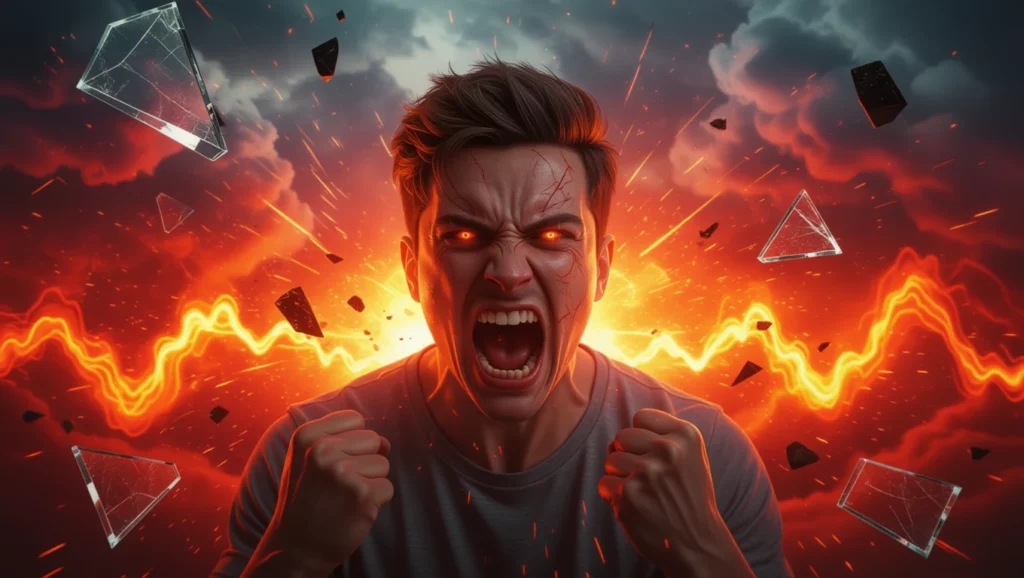 Egy dühös férfi ordít, körülötte feszültség és káosz, jelezve az érzelmek intenzitását.