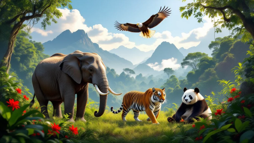 Egy dzsungelben élő elefánt, tigris, panda és egy sas található, gyönyörű zöld háttérrel.