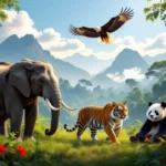 Egy dzsungelben élő elefánt, tigris, panda és egy sas található, gyönyörű zöld háttérrel.