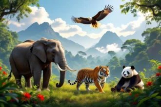 Egy dzsungelben élő elefánt, tigris, panda és egy sas található, gyönyörű zöld háttérrel.