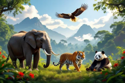Egy dzsungelben élő elefánt, tigris, panda és egy sas található, gyönyörű zöld háttérrel.