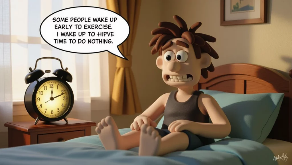 Egy karakter ül az ágyában, aggódva nézi az órát, ami a reggeli ébredést jelzi.