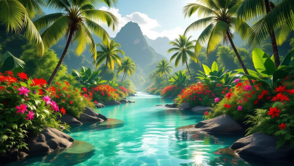 Trópusi édenkert, zöld pálmafákkal, virágokkal és tiszta vízzel.