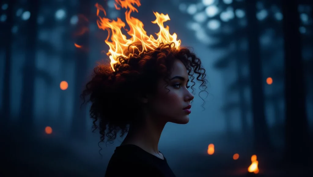 Egy nő profilja látható, akinek hajából lángok csapnak fel, sötét erdő háttérrel.