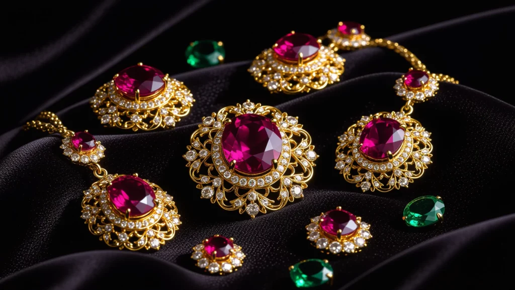 Gyönyörű ékszerek, vörös és zöld ékkövekkel, arany keretben, fekete háttér előtt.