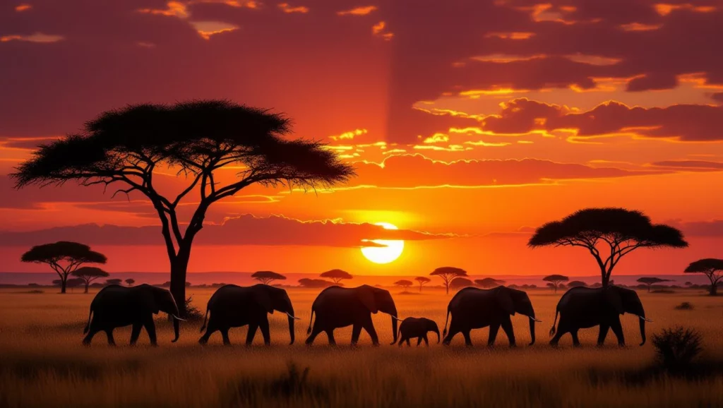 Elefántcsorda vonul a naplementében, szimbolizálva a közösséget és az összetartozást.