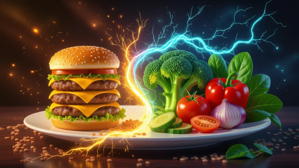 Egy tányéron hamburgerek és friss zöldségek, szimbolizálva az életmód változásokat.