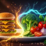Egy tányéron hamburgerek és friss zöldségek, szimbolizálva az életmód változásokat.