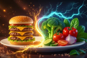 Egy tányéron hamburgerek és friss zöldségek, szimbolizálva az életmód változásokat.