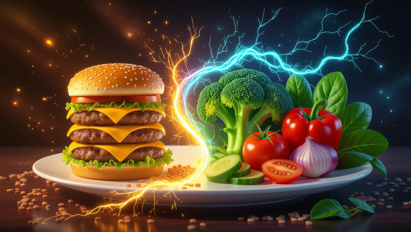 Egy tányéron hamburgerek és friss zöldségek, szimbolizálva az életmód változásokat.