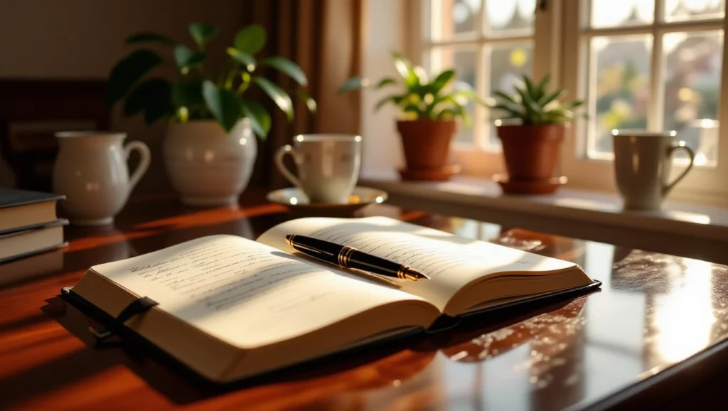 Egy nyitott könyv egy íróasztalon, mellette egy toll és növények, napfényben.