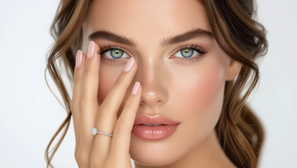 Egy fiatal nő, aki eljegyzési gyűrűt visel, finoman érinti az arcát, kifejezve az elköteleződés és az új kezdetek érzelmeit.