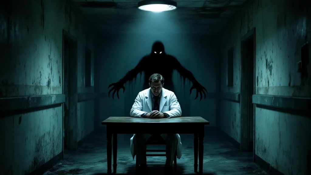 Egy orvos ül az asztalnál, mögötte sötét árnyék, ami a félelmeket szimbolizálja.