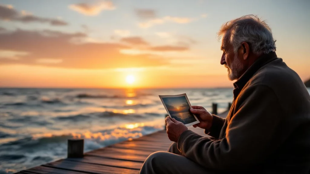 Egy idős férfi a naplementében egy régi fényképet nézeget, ami az elmúlást jelképezi.