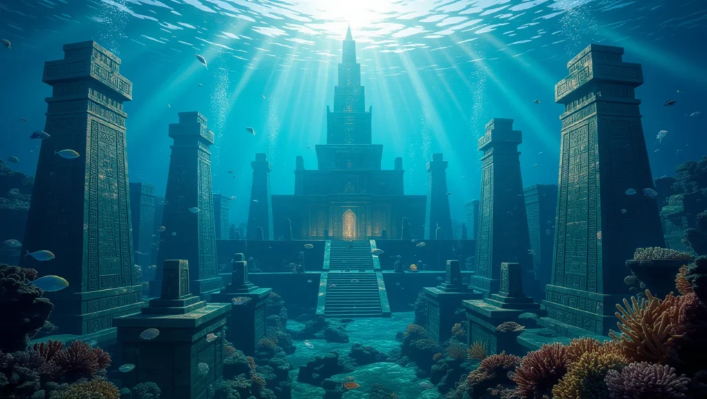 Egy elfeledett, víz alatti város romjai, ahol templomok és oszlopok állnak, körülöttük színes korallok és halak úsznak.