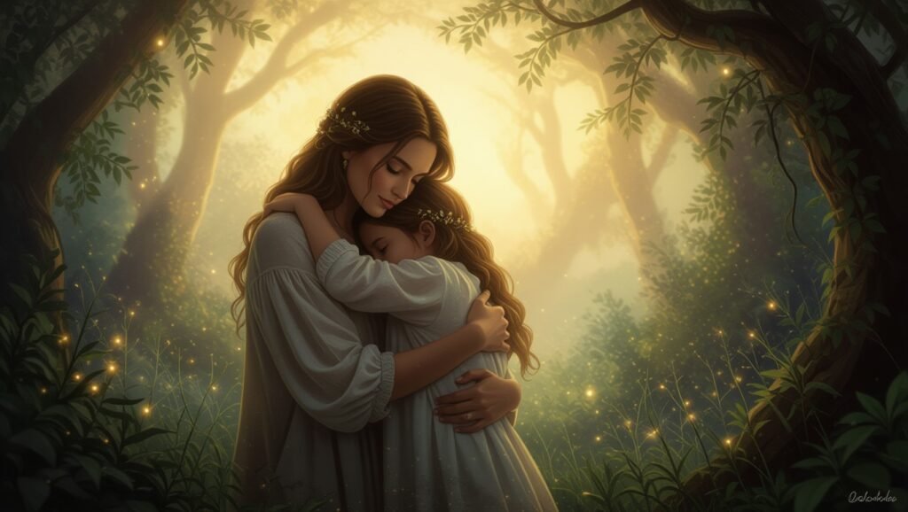 Egy anya és lánya ölelése, amely a szeretet és a védelem érzetét kelti, álombeli biztonságot sugallva.