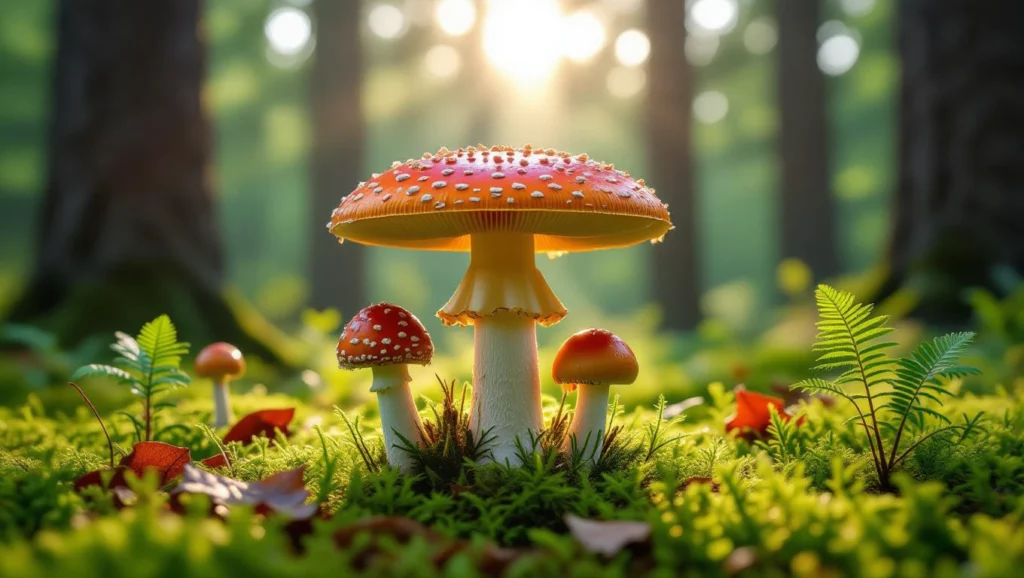 Színes erdei gombák állnak a zöld mohás talajon, napfény világítja meg őket.