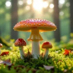 Színes erdei gombák állnak a zöld mohás talajon, napfény világítja meg őket.