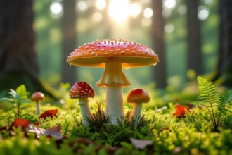 Színes erdei gombák állnak a zöld mohás talajon, napfény világítja meg őket.