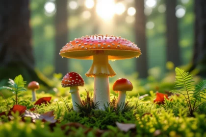 Színes erdei gombák állnak a zöld mohás talajon, napfény világítja meg őket.