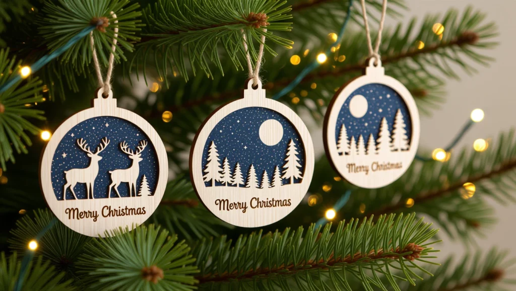 Karácsonyi fadíszek, fenyőágon lógva, hóeséses tájat ábrázoló mintával.