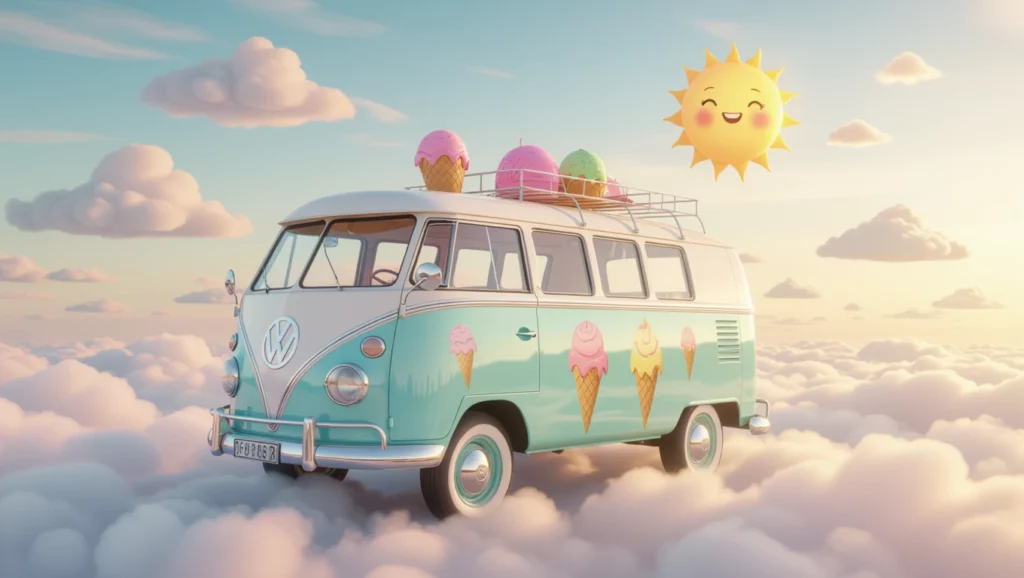 Egy színes fagylaltoskocsi úszik a felhők között, napfényben, vidám hangulatban.