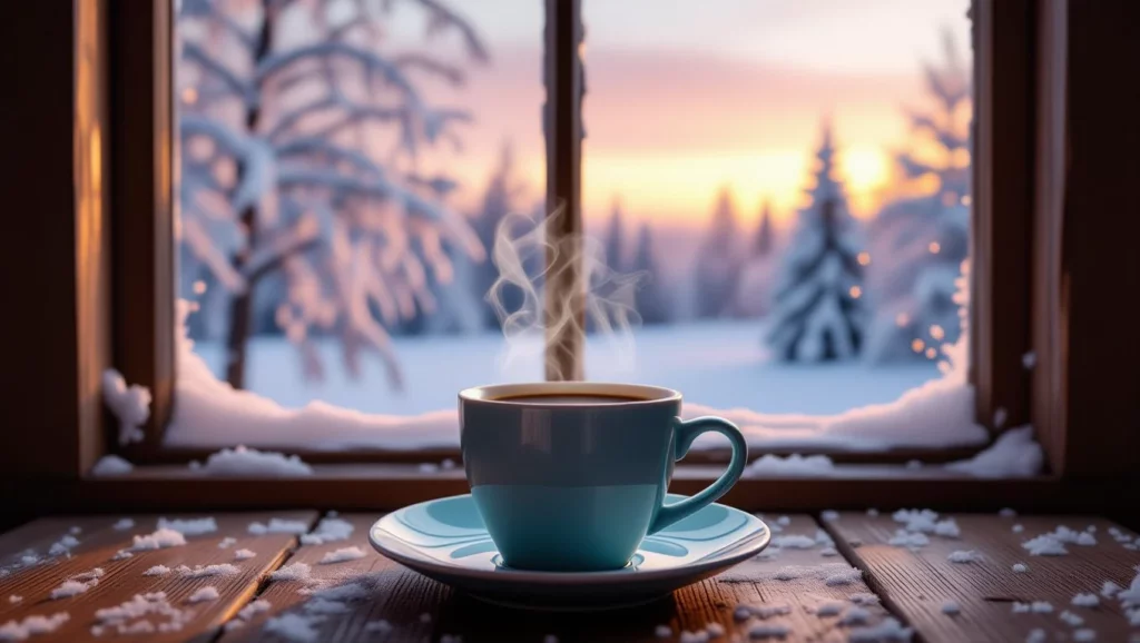 A fagyos reggelen egy gőzölgő kávéscsésze látható, a hóval borított táj mögött a nap felkeltével.