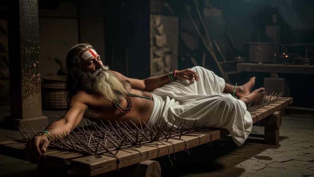 A fakír, aki a tüskés ágyon fekszik, az önuralom és a belső béke szimbóluma, amely a tudatalatti mélyebb rétegeit is feltárhatja.