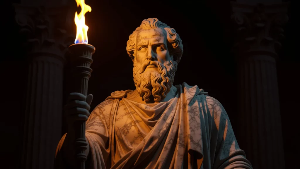 Egy márvány szobor, amely fáklyát tart a kezében, lánggal a tetején.