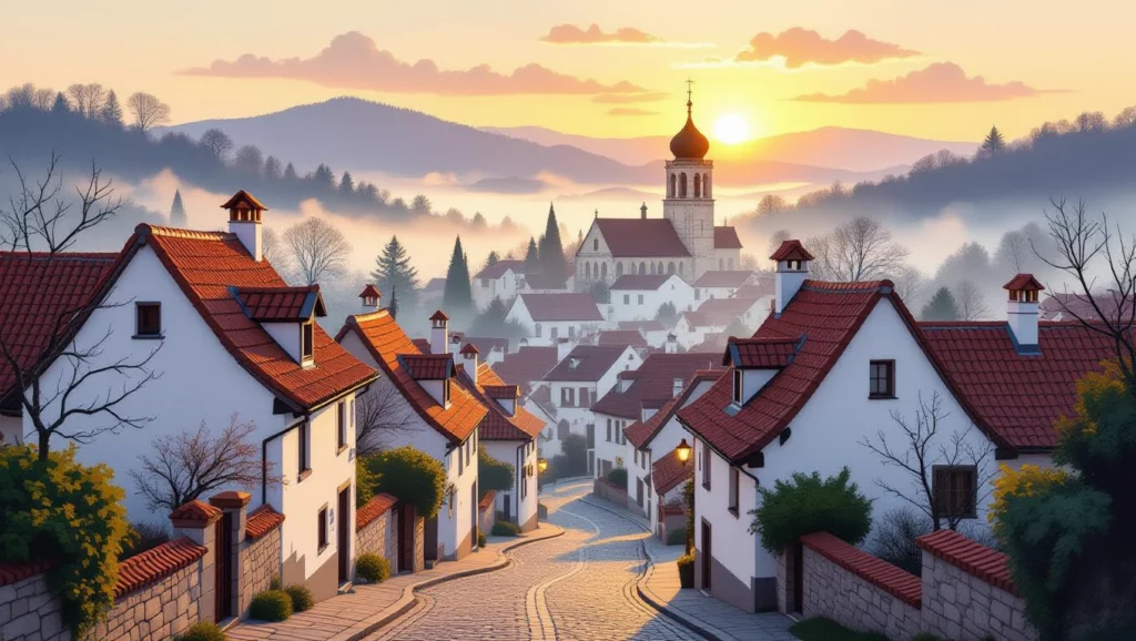 Egy falusi táj naplementében, békés érzések és vágyak megjelenése.