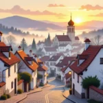 Egy falusi táj naplementében, békés érzések és vágyak megjelenése.