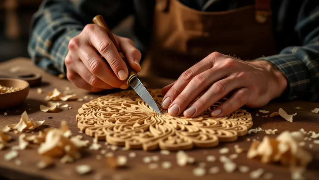 Kézműves faragás folyamata, precíziós vágás fából, kreatív munka.