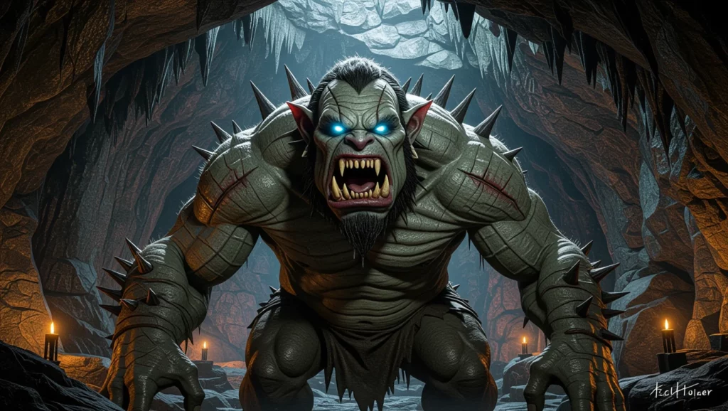 Egy félelmetes troll áll egy sötét barlangban, éles fogakkal és ragyogó kék szemekkel, amely belső konfliktusokat szimbolizál.