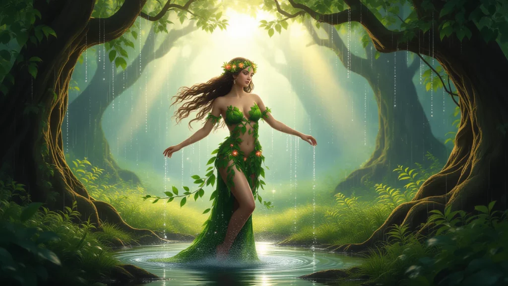 Egy női alak zöld növényekből készült öltözetben áll egy varázslatos erdőben, víz tükrében.