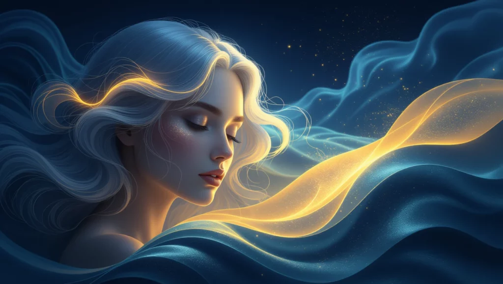 Egy álmodozó nő arca, akit lágy fények és hullámzó formák vesznek körül.