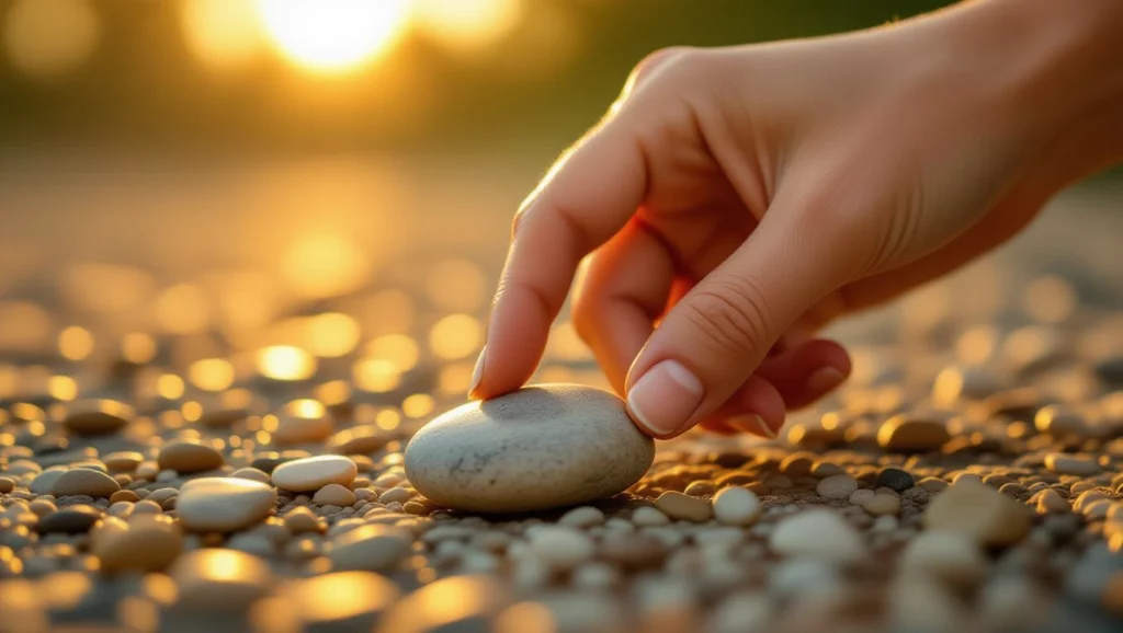 Egy kéz finoman megérinti egy sima követ, miközben a napfény lágyan ragyog a háttérben.
