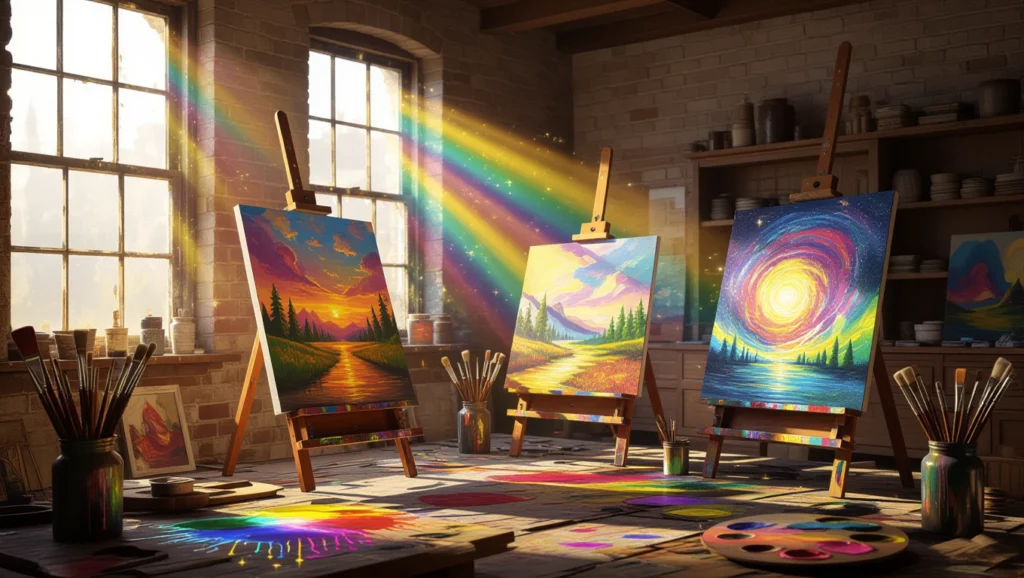 Színes festőműterem belső tere, festmények és festőeszközök láthatók.