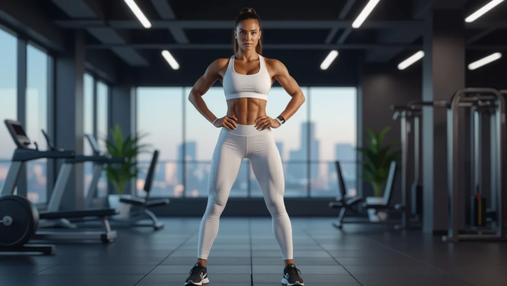 Egy erős nő edzőteremben áll, sportos öltözetben, háttérben városi tájjal.
