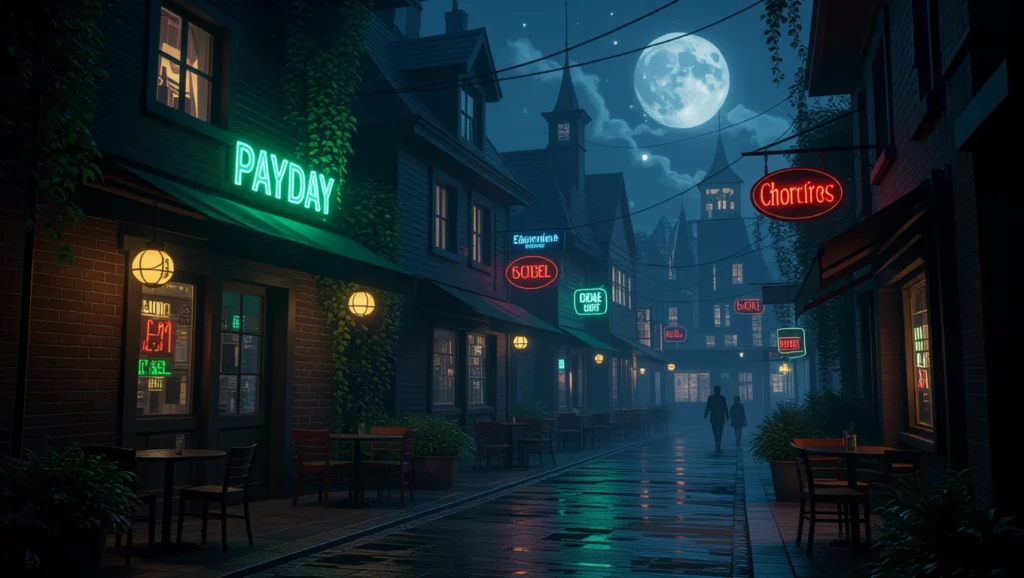 A fizetésnap hangulata álombéli utcákon, ahol a neonfények varázslatos világot teremtenek.