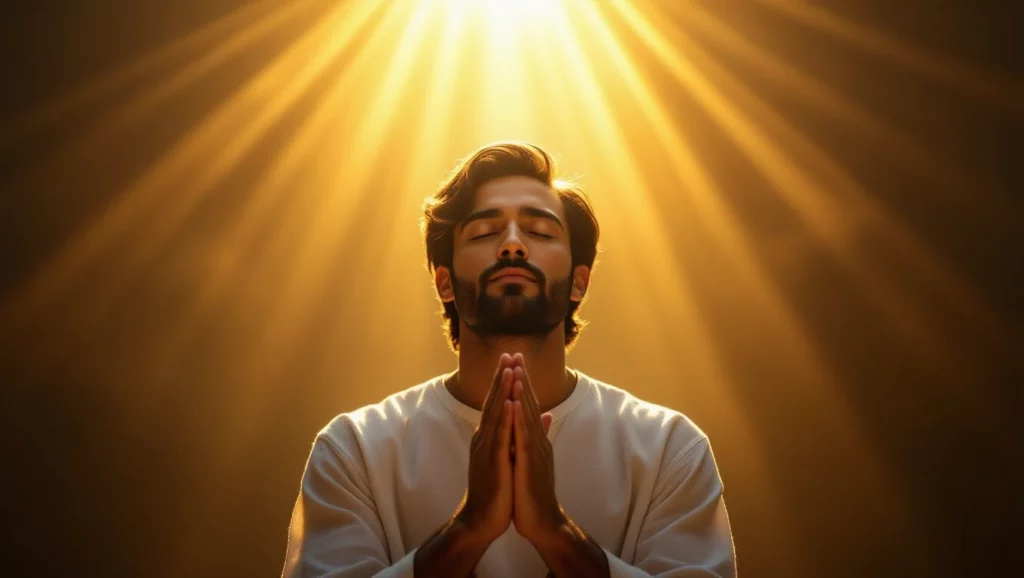 Egy férfi fohászkodva áll, kezét imára kulcsolva, arca békés, háttérben aranyszínű fényekkel.