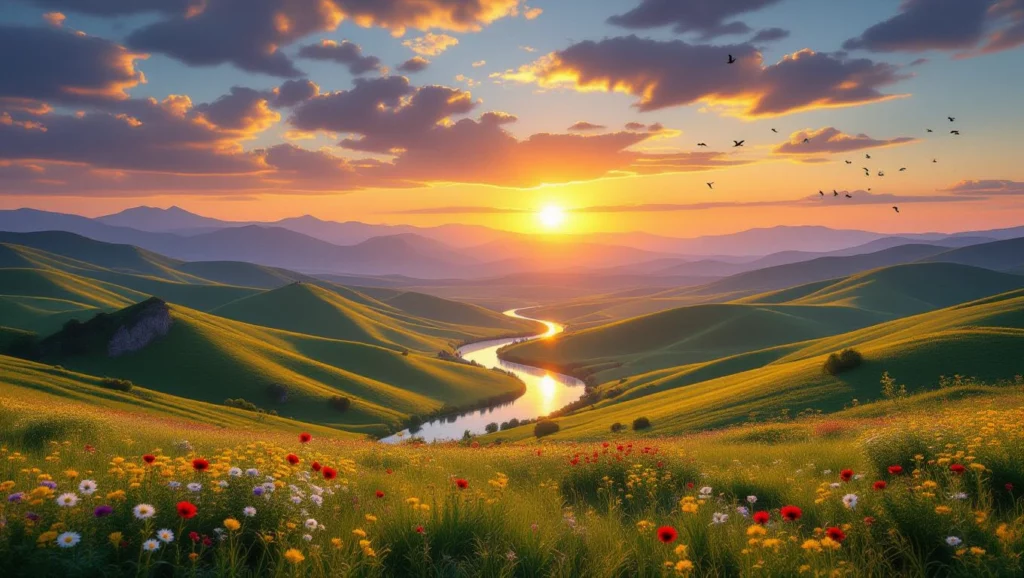 A naplementében csillogó folyó kanyarog a zöld dombok között, virágokkal teli mezőkkel körülvéve.